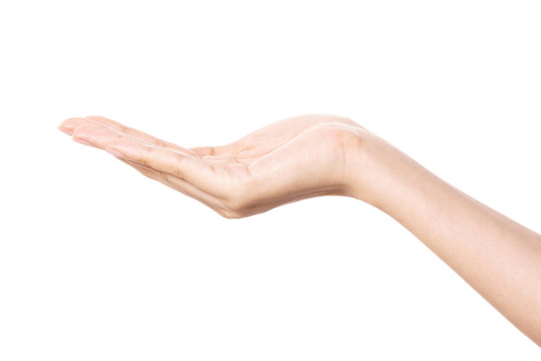 nő kéz gesztus (adni, kapni, megosztani) elszigetelt fehér. - Fotó, kép