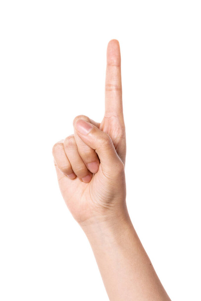 woman hand gesture (number 1, the first) isolated on white. - 写真・画像