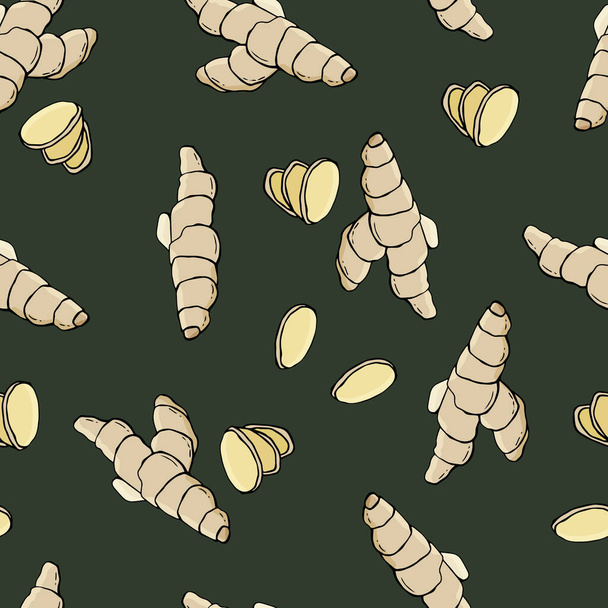 Ginger root and sliced slices. Seamless pattern on a dark green background. Cartoon style illustration. Stock illustration. Design for wallpapers, backgrounds, fabrics, textiles, cafes, packaging. - Вектор,изображение