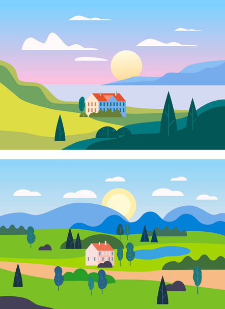 Set Summer sunset seaside landscapes. Sea ocean nature hills fields mountains blue sky clouds sun house countryside. Trees and grass rural land. Flat cartoon trendy style vector illustration - Vector, Image