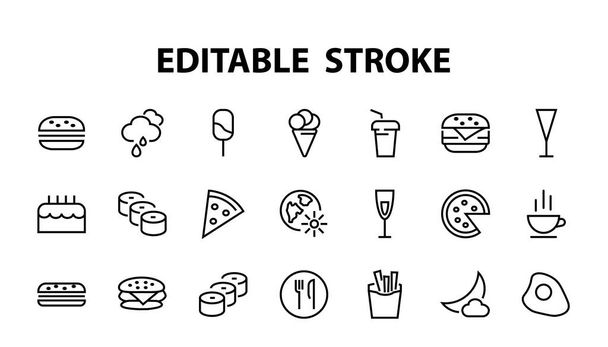   Un simple conjunto de iconos de comida rápida relacionados con la línea vectorial. Contiene iconos como pizza, hamburguesa, sushi, bicicleta, huevos revueltos y más. ACV EDITABLE. 480x480 píxeles perfectos, EPS 10 - Vector, imagen