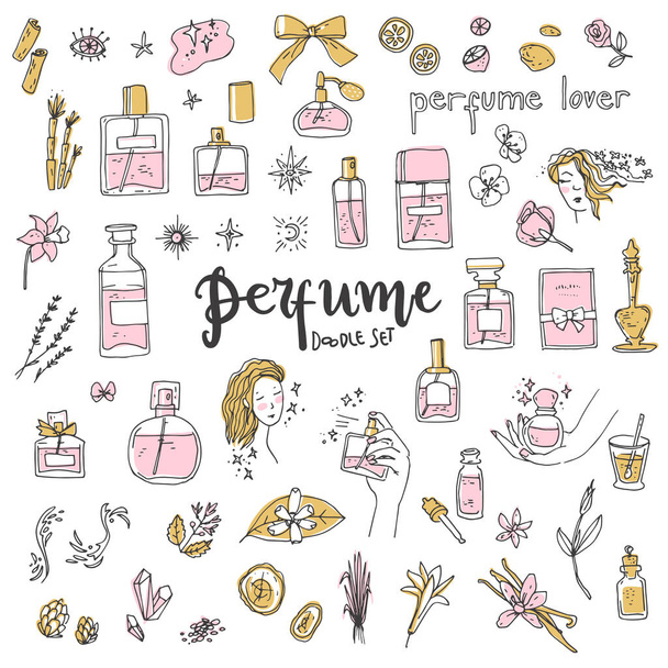 Perfume doodle set. Bottles, ingredients and decorative elements, simple cute style. Vector illustration - Vektor, obrázek