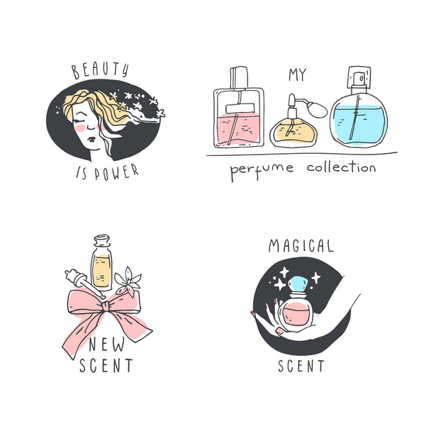 Perfume and cosmetics logo collection. Hand drawn illustrations. Perfume bottles, girl face, hand - Vector, Image