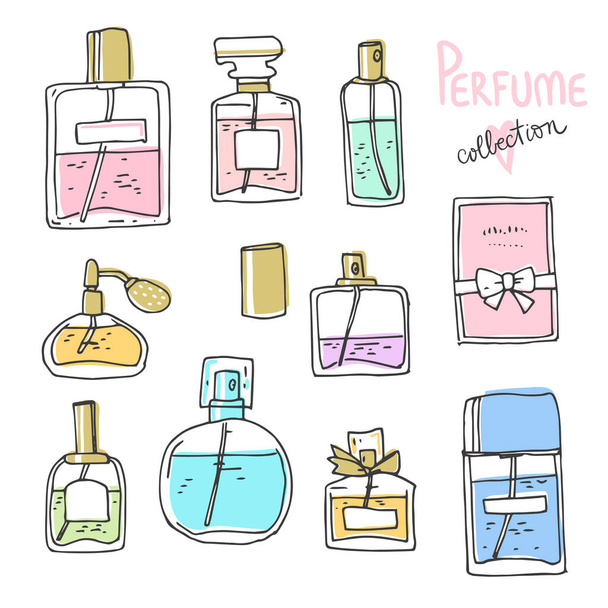 Perfume collection. Doodle glass bottles set. Vector simple illustration - Vector, Image