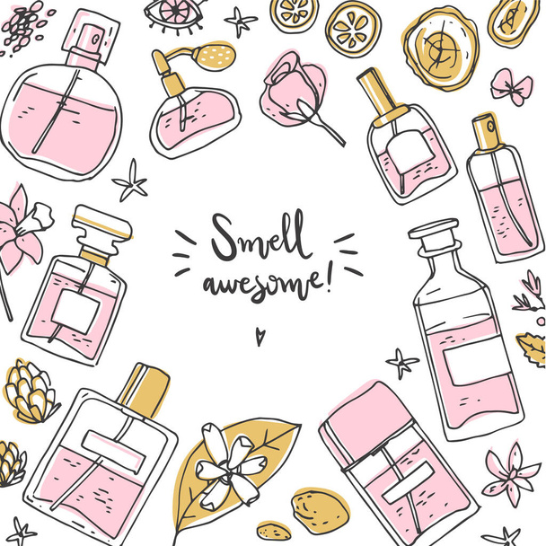 Perfume background, frame with bottle and ingredients. Doodle vector illustration. Simple hand drawn style. - Vecteur, image