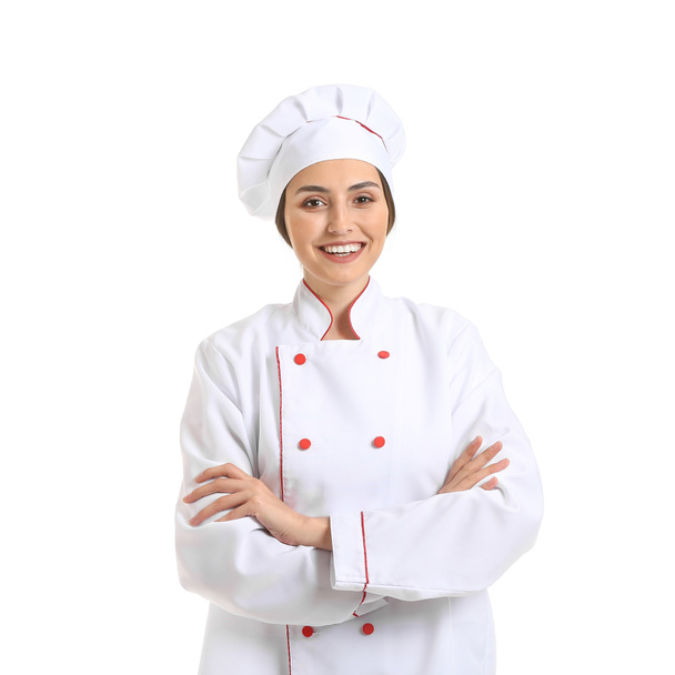 Portrait of female chef on white background - Foto, imagen