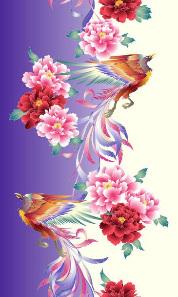 Motif de la belle fleur de style japonais et phénix, J'ai conçu une fleur et phénix dans le style japonaisIl est utilisé pour un kimono
, - Vecteur, image