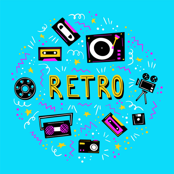 Retro music round frame in doodle style. Vector illustration with different art elements, music player, tape recorder, movie camera, camera, cassette and hand drawn typography. Retro lettering. - ベクター画像