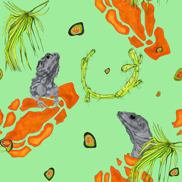 Seamless illustration of a set of lizards. tropical leaves on a green background. Pattern of exotic pets and domestic plants for printing on packaging. postcards, designers, clothes - Foto, Imagem
