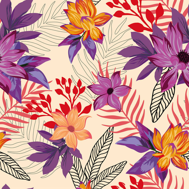 Vivid exotic illustration beautiful tropical lily, lotus flowers, abstract violet tropic leaves seamless vector pattern on beige background. Beach multicolor creative wallpaper - Вектор,изображение