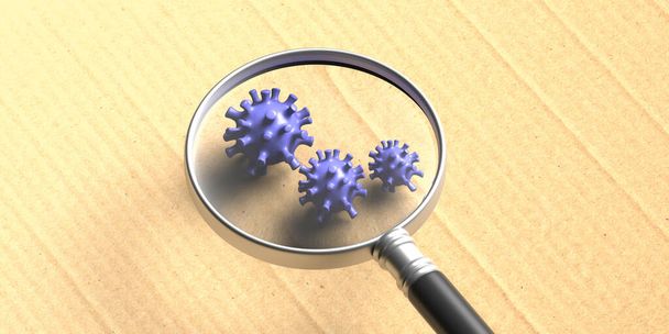 Coronavirus COVID 19, rilevamento. Lente d'ingrandimento medica su ceppi virali su sfondo di carta. Concetto di infezione della malattia Covid19, illustrazione 3d
 - Foto, immagini