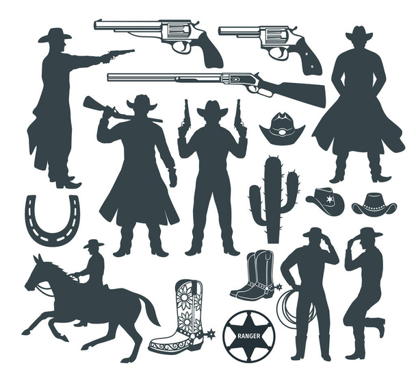 western cowboy silhouette illustration vector graphic design set template - Vector, Image