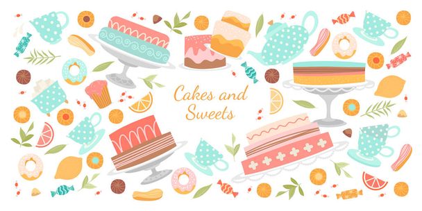 Vektoros banner süteményekkel, süteményekkel és egyéb süteményekkel, valamint teakészítmények fehér alapon kávézó vagy pékség tervezéséhez. Teaszünet édességgel. - Vektor, kép