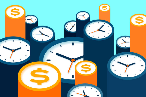 Clock and dollar icons in flat style, timers and money sign on color background. Time management. More watch. Business vector illustration for you presentation - Vektori, kuva