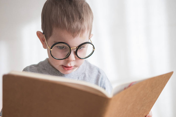 Bonito menino criança lendo um livro em óculos. Pré-escolar inteligente. Voltar ao conceito de escola
 - Foto, Imagem