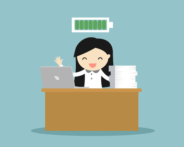 Business concept, Business woman with full battery is working at her desk. Vector illustration. - Vector, Image