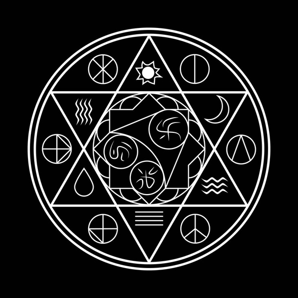 Taikasymboli tai alkemian symboli. Ohutviiva vektori kuva mustalla taustalla aurinko, kuu, vesi, tuli, tuuli ja syöminen merkkejä
 - Vektori, kuva