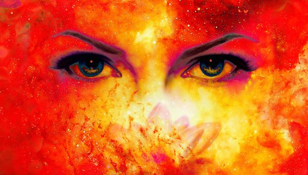 Ženské oči a lotosový květ v kosmickém pozadí. Oční kontakt. Efekt ohně - Fotografie, Obrázek