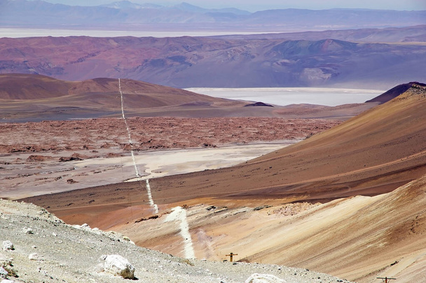 Truck layout of funicular from Mina Julia to Mina La Casualidad in Salta Province at the Puna de Atacama in northwestern Argentina. Mina Julia is a ghost mine of sulfur at 5500 meters above the sea level, 25 km away fron Mina La Casualidad, which ext - Photo, Image