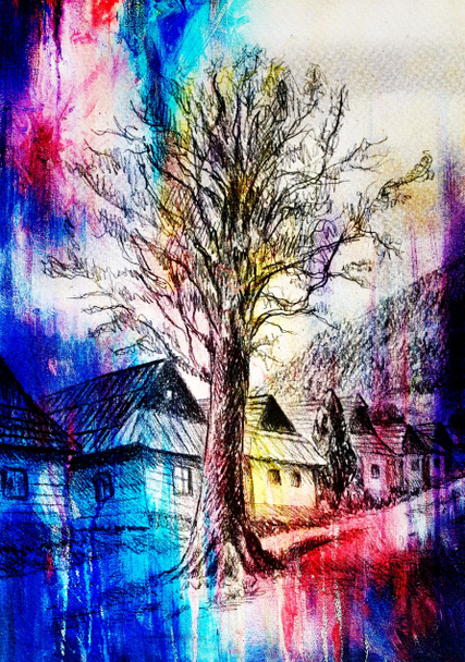 Eski zamanlardaki dağ ormanlarında kireç ağacı, renk efektli kalem çizimi kolajı ve soyut arkaplan - Fotoğraf, Görsel