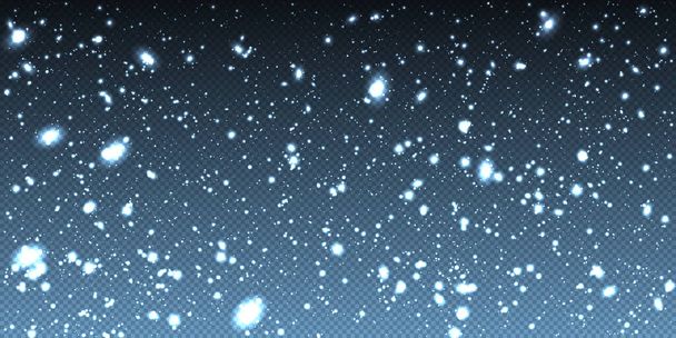 Şeffaf arkaplanda yağan kışın gerçekçi kar. Bokeh ışıkları ve havada uçan kar taneleri. Kış kar fırtınasının örtülü dokusu. Şiddetli kar yağışı, kar taneleri - Vektör, Görsel