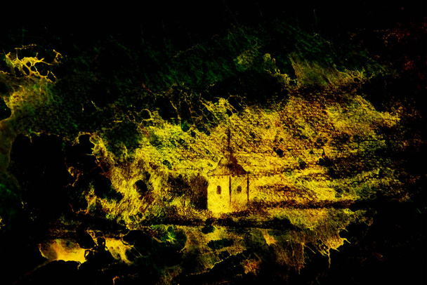 krajobraz krajobraz z jeziorem, kaplica i góry, rysunek ołówka, magiczny efekt koloru - Zdjęcie, obraz