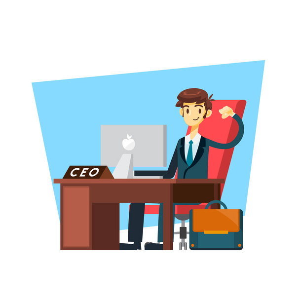 zakenman cartoon karakter zitten in de voorkant van het bureau met trots en sterke pose - Vector, afbeelding