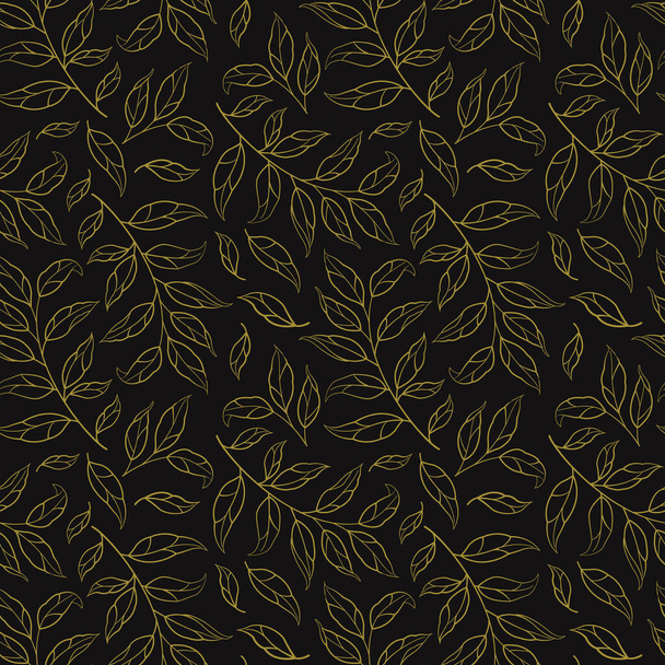 Seamless pattern with golden silhouettes of leaves and branches on black background. Design for fabrics, wallpapers, textiles, web design. - Вектор, зображення