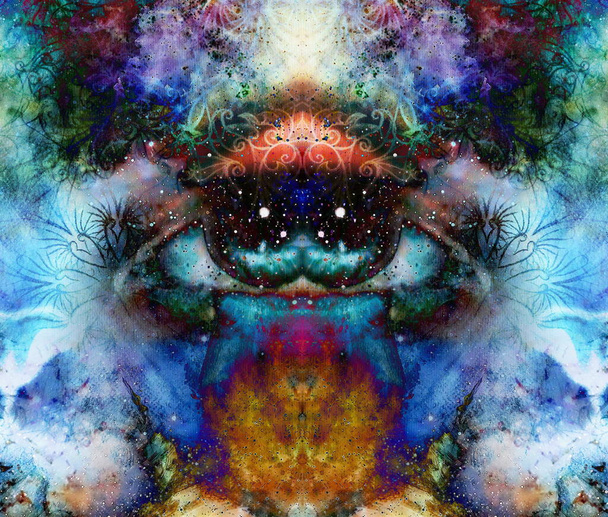psychedelic eyes on multicolor abstract backgroung with ornamental pattern - Photo, Image