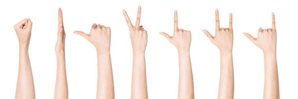 Zestaw, grupa gestów ręki (liczba, diabeł) odizolowany na białym. - Zdjęcie, obraz