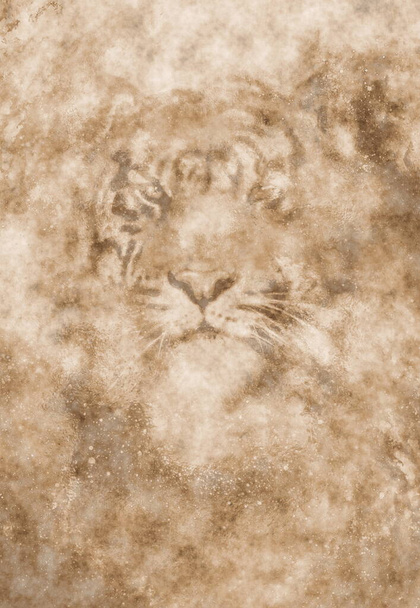 cara de tigre cósmico sobre fondo abstracto estructurado con efecto sepia
 - Foto, Imagen