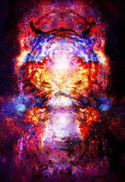 Magischer Weltraumtiger, mehrfarbige Computergrafik-Collage - Foto, Bild