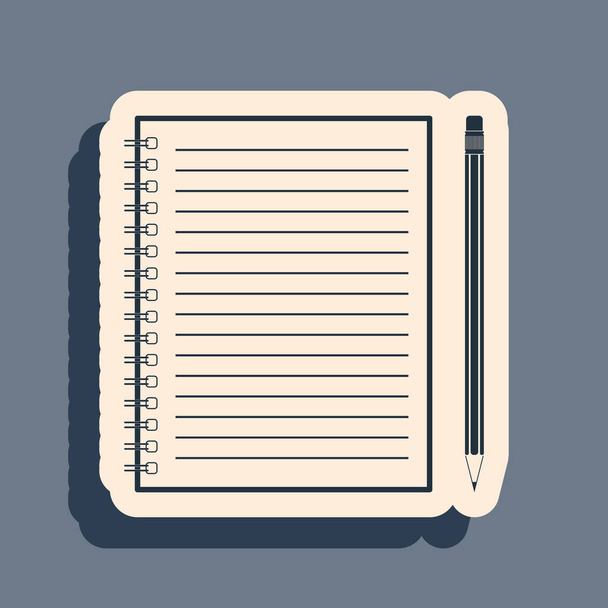 Schwarzes Blanko-Notizbuch und Bleistift mit Radiergummi-Symbol auf grauem Hintergrund. Langer Schatten. Vektorillustration - Vektor, Bild