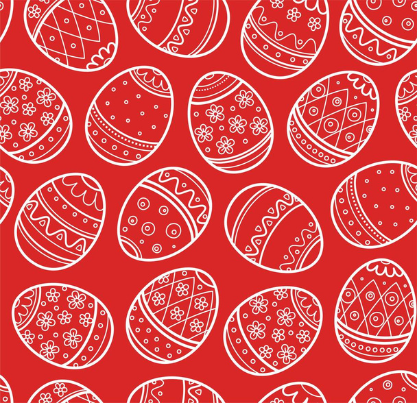 Easter egg, seamless pattern, monochrome, contour, red. White line drawing on a red field. Decorative background.  - Vektor, Bild