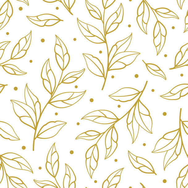 Seamless pattern with golden branches and leaves. Vector illustration. Design for wallpapers, fabrics, textiles, web design. Isolated on white. - Vector, Image