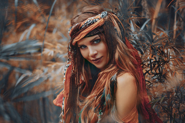beautiful young boho gypsy style woman outdoors portrait - Φωτογραφία, εικόνα