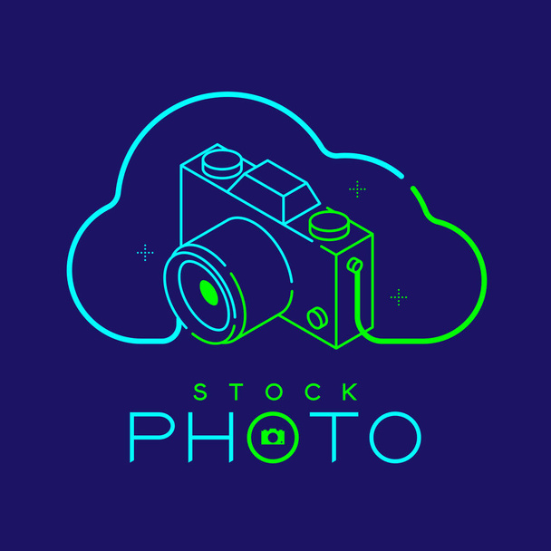 Boyun askısı kamera tasarımı illüstrasyonundan yapılmış bulut çerçevesinde üç boyutlu izometrik fotoğrafçı logosu çizimi çizimi Stok fotoğrafı metni ve kopyalama alanı ile izole edilmiş koyu mavi arkaplan, vektör 10 - Vektör, Görsel