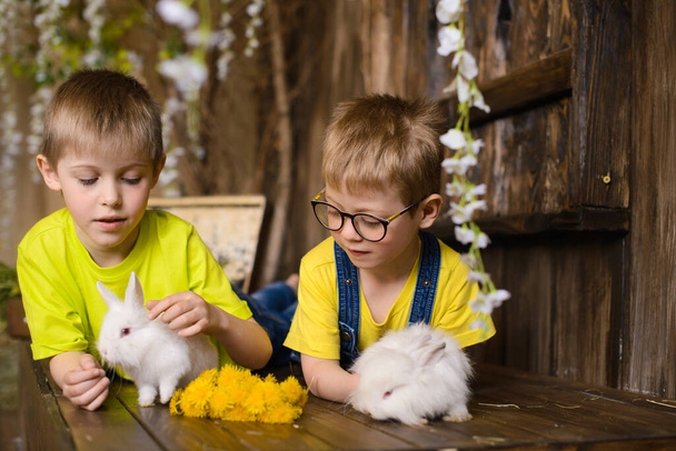 twee jongens, broers, liggend op houten vloer, spelen met twee witte konijnen, naast paardebloemen - Foto, afbeelding