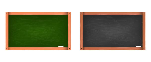 Blackboard. Realistic green and black chalkboard with wooden frame and chalk, blackboards template for school classroom or restaurant 3d vector set - Vector, Image