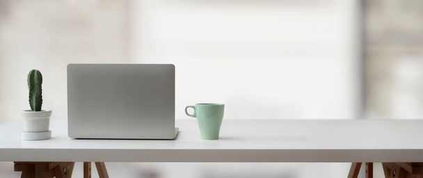 Gedeelte van eenvoudige werkruimte met laptop, cactus pot, mok en kopieerruimte op witte tafel in de woonkamer   - Foto, afbeelding