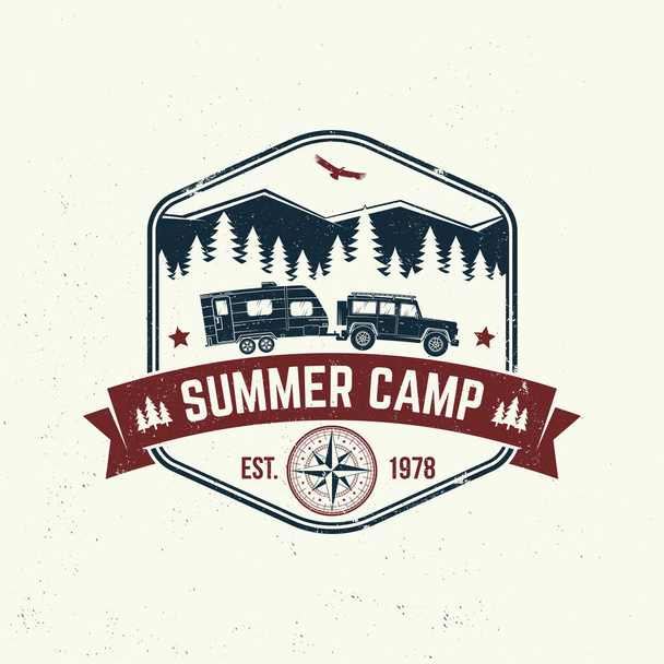 Summer camp. Vector. Concept for shirt or logo, print, stamp or tee. Vintage typography design with camper trailer, forest and mountain silhouette. - Vector, Image