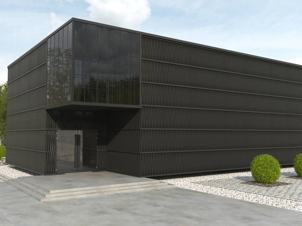Το σύγχρονο κτίριο είναι μονόχρωμο μαύρο και ορθογώνιο σχήμα. Πρόσοψη με σκεπαστή βεράντα και χώρο αντιγραφής. 3D απόδοση. - Φωτογραφία, εικόνα