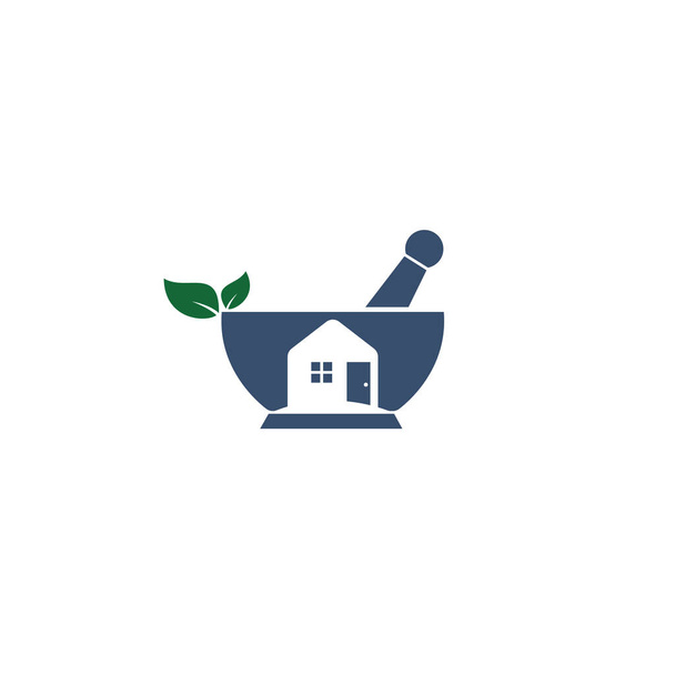 Stamper en mortel en home icon logo. Geneeskunde home delivery service logo concept. - Vector, afbeelding