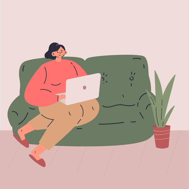 Remote work during quarantine concept flat vector illustration.Freelancer character working from home using portable laptop.Work in comfortable conditions.Social media networks user.Self employed man - Vector, Image