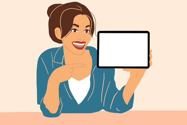 Женщина показывает белый экран цифрового планшета
 - Вектор,изображение