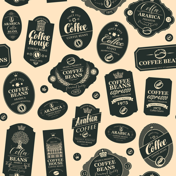 Vektor bezešvé vzor na kávu a kavárna téma s různými štítky na béžové pozadí v retro stylu. Vhodné na tapety, balicí papír, textilie, textil - Vektor, obrázek