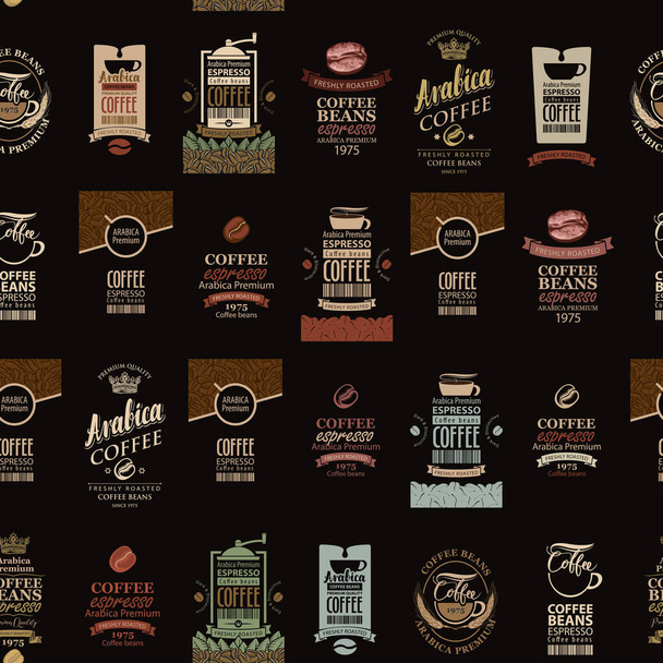 Vector seamless pattern on the coffee theme with colored labels on the black background in retro style. Suitable for wallpaper, wrapping paper, textile, fabric - Vektori, kuva