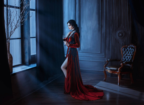 Beautiful young sexy woman vampire in medieval dark castle. Red long gothic dress. Black wavy hair. Backdrop vintage room interior. Hold glass blood wine. image queen of night horror holiday halloween - Fotó, kép