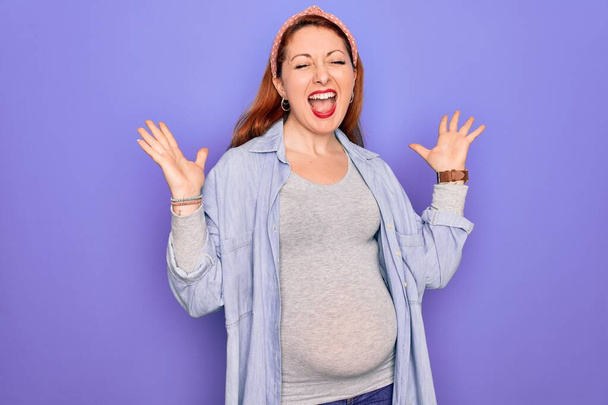 Jovem mulher grávida ruiva bonita esperando bebê sobre fundo roxo isolado celebrando louco e louco para o sucesso com os braços levantados e olhos fechados gritando animado. Conceito de vencedor
 - Foto, Imagem