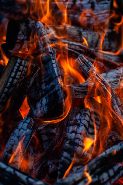 Burning firewood, fire, charcoal, grill. - Foto, imagen